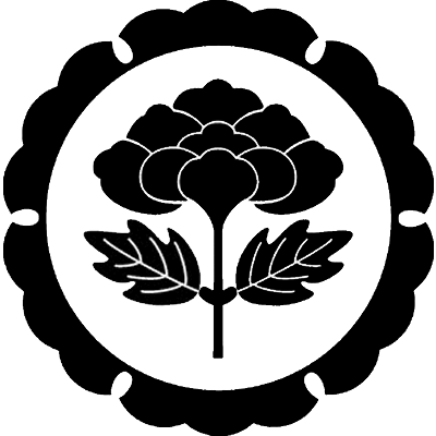 外雪輪に葉付き牡丹