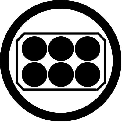 丸に隅切り垂れ角に横並び六つ星