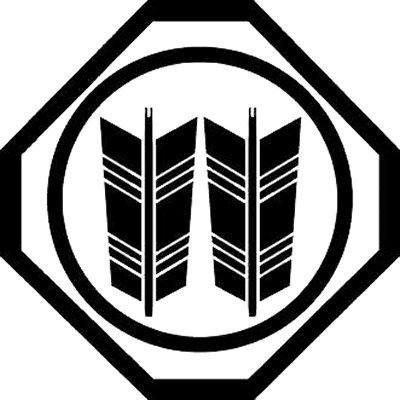 細隅切り角内に丸に並び矢