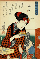 錦絵に描かれた握りずし・縞揃女弁慶/歌川国芳/天保15年・1844年