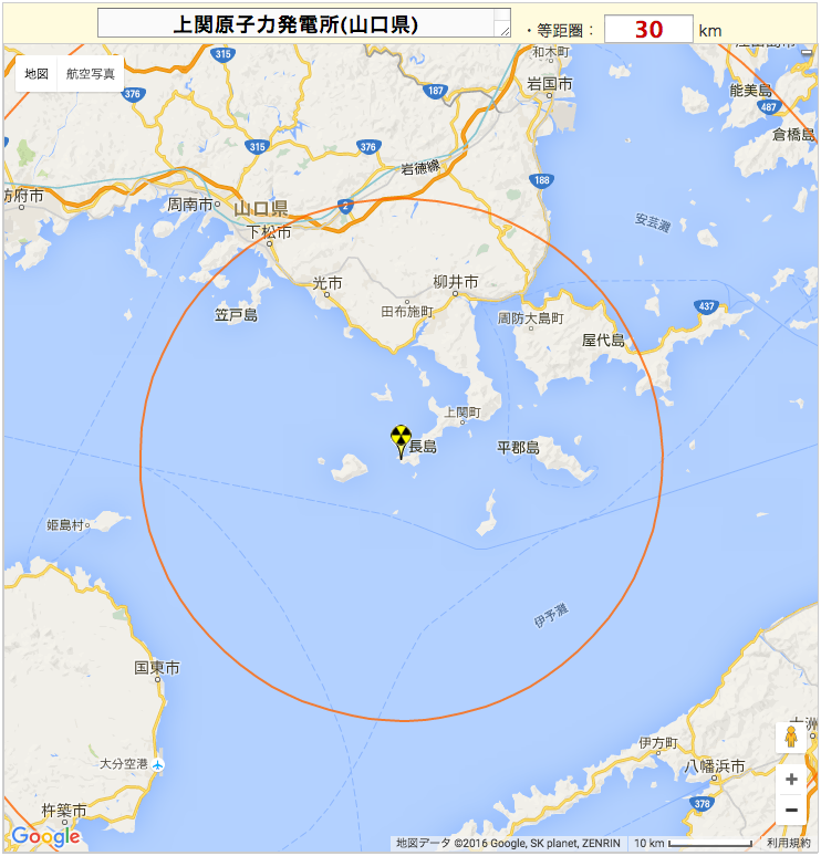 上関原子力発電所（山口県）の場所・距離／原発個別地図